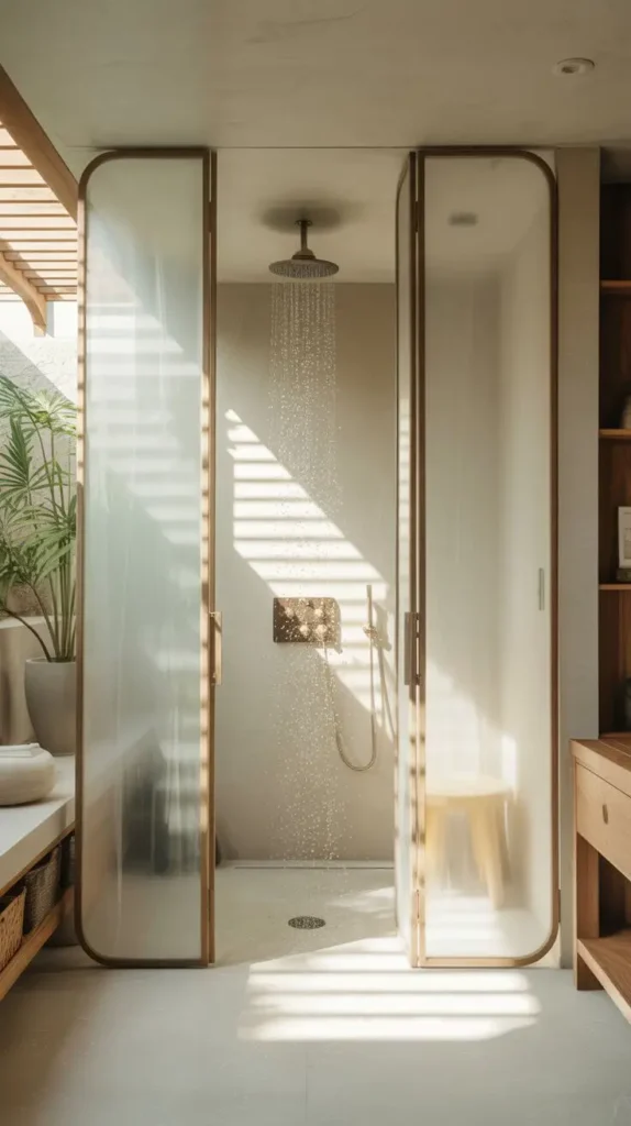 Minimal walk-in shower with frosted glass doors, rainfall head and warm natural lighting, showcasing elegant types of showers for Indian homes.