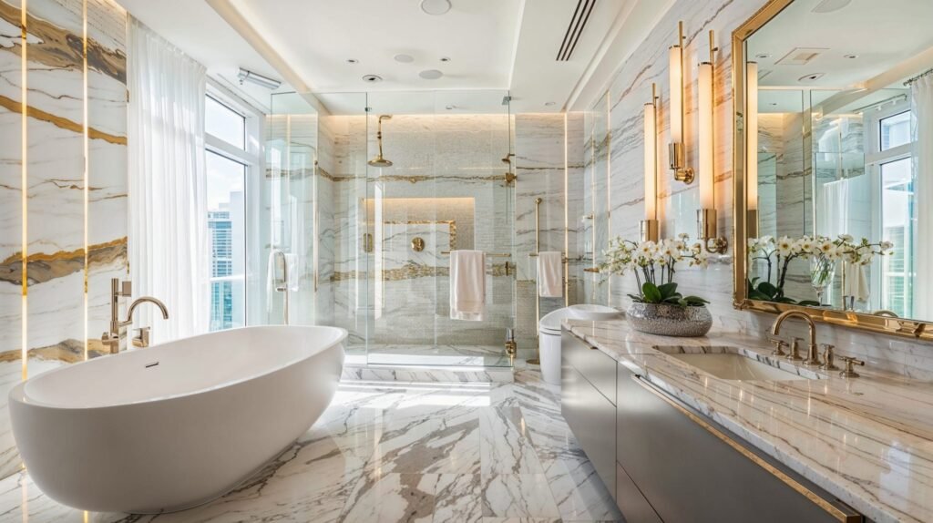 Luxury bathroom design featuring a double vanity with gold-accented detailing, elegant oval mirrors, and soft neutral marble finishes for a refined, upscale look
