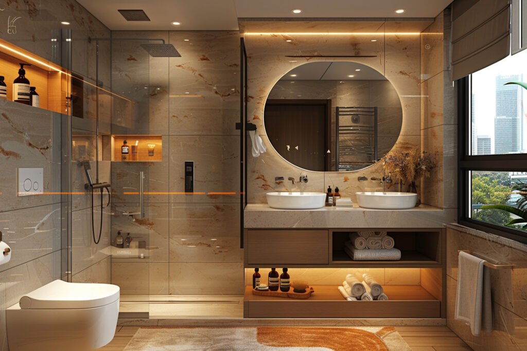 Luxury bathroom design with integrated storage, stone-finish walls, dual basins, and warm lighting that enhances everyday comfort and elegance
