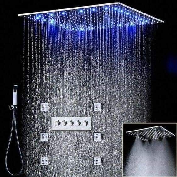 Luxury multi-function rainfall shower panel with LED lighting and body jets, showcasing premium types of showers for Indian homes.