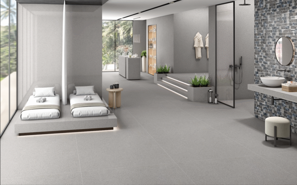 spa-inspired interior showcasing living room tiles with modern design in soft grey matte finish
