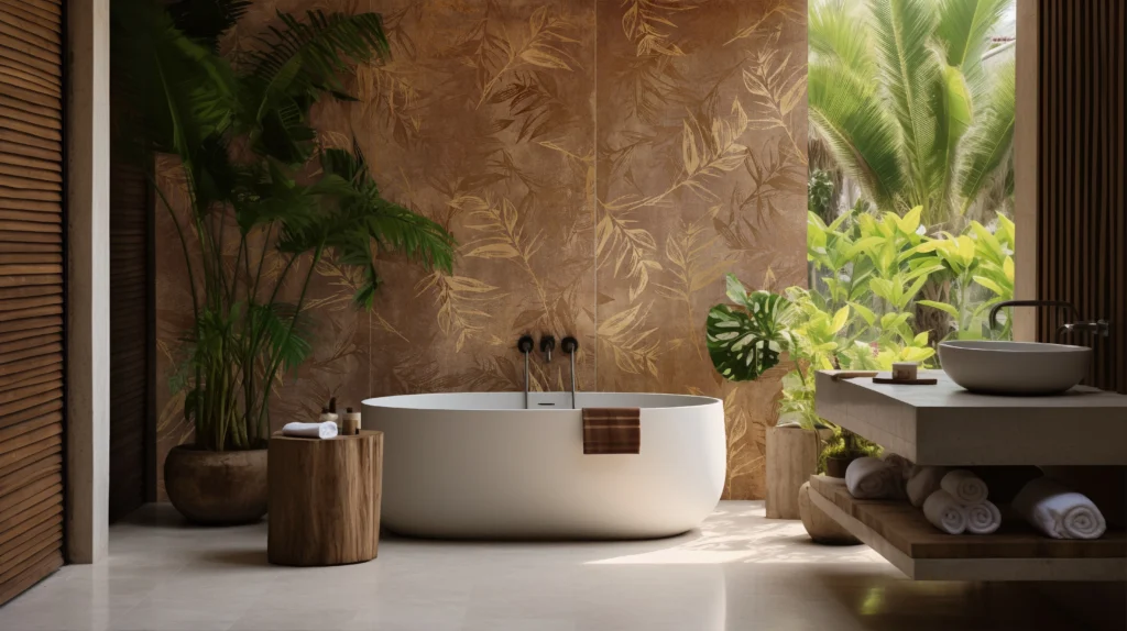 Luxury bathroom interior showcasing the best sanitaryware for modern bathrooms, featuring a freestanding bathtub, designer wash basin, textured wall tiles, and a serene spa inspired layout.