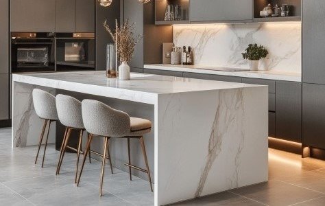 Minimalist kitchen design using white quartz tiles for home interiors, creating a seamless island countertop with refined elegance
