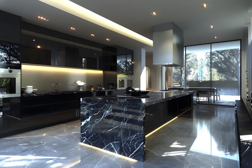 Contemporary kitchen space styled with neutral quartz tiles for home interiors, offering durability, sophistication, and visual continuity
