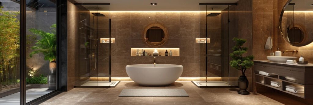 Elegant luxury bathroom featuring the best sanitaryware for modern bathrooms, with a freestanding bathtub, premium wash basin, warm stone finish tiles, glass shower enclosures, and a refined spa inspired design.