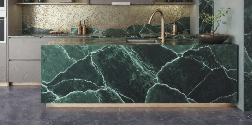 Luxury kitchen island finished with deep green quartz tiles for home interiors, showcasing dramatic veining and a premium polished surface