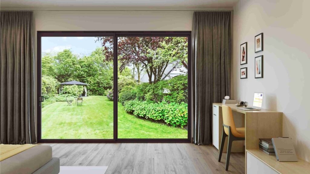 Large sliding aluminium doors and windows connecting indoor workspace to green outdoor views
