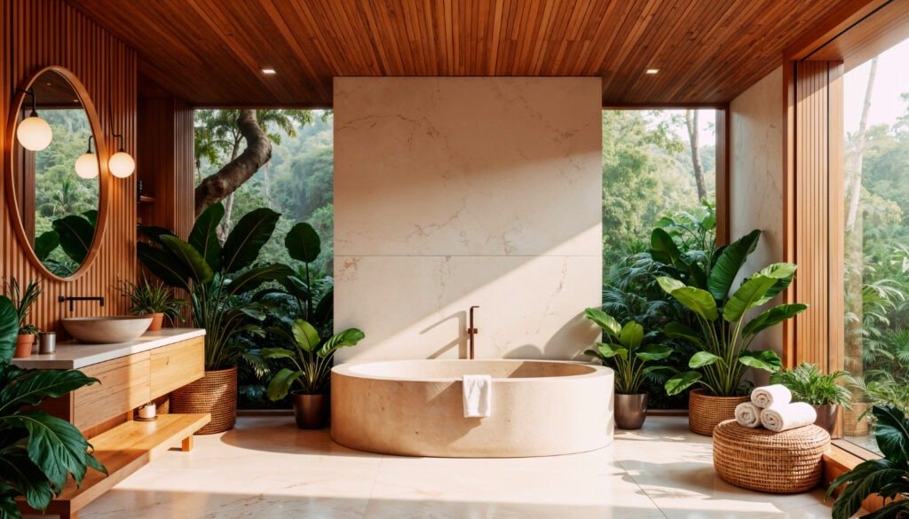 Elegant marble-clad spa-like bathroom with wall-mounted vanity, statement mirror, and premium sanitaryware fittings