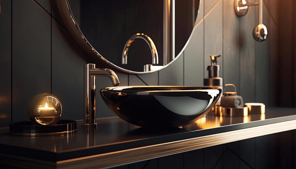 Warm ambient lighting around designer basin in a contemporary spa-like bathroom with premium sanitaryware