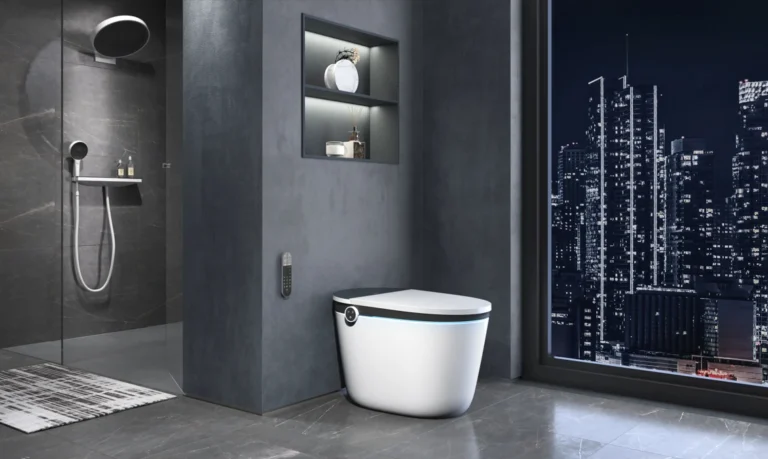 Luxury bathroom interior featuring smart toilet with automatic toilet seat covers for advanced hygiene and comfort