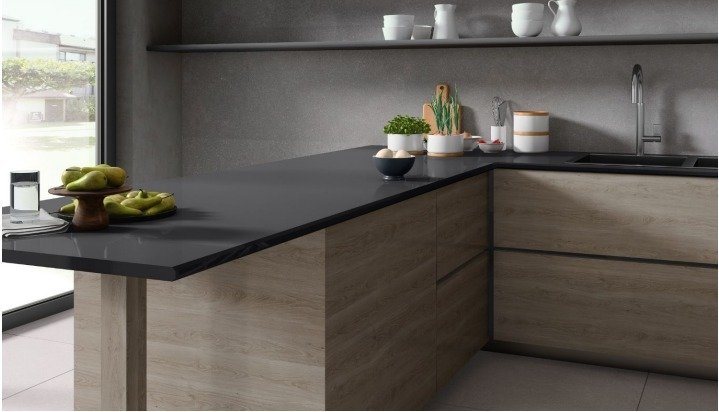 Contemporary kitchen with matte grey backsplash and wooden cabinetry reflecting practical Ceramic Tile Design Ideas for stylish and functional modern Indian kitchens.