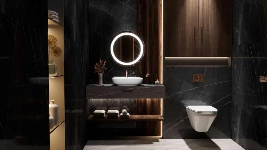 Dark toned luxury bathroom with backlit round mirror, wall hung toilet and luxury sanitaryware creating a refined hotel style ambience