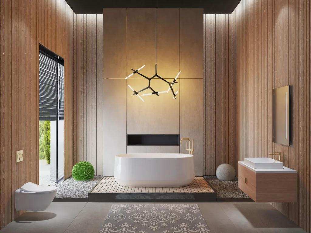 Contemporary bathroom interior with designer blue wash basin, glass shower enclosure and luxury sanitaryware in a refined modern layout