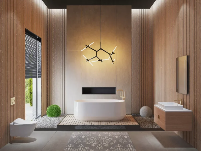 Contemporary bathroom interior with designer blue wash basin, glass shower enclosure and luxury sanitaryware in a refined modern layout