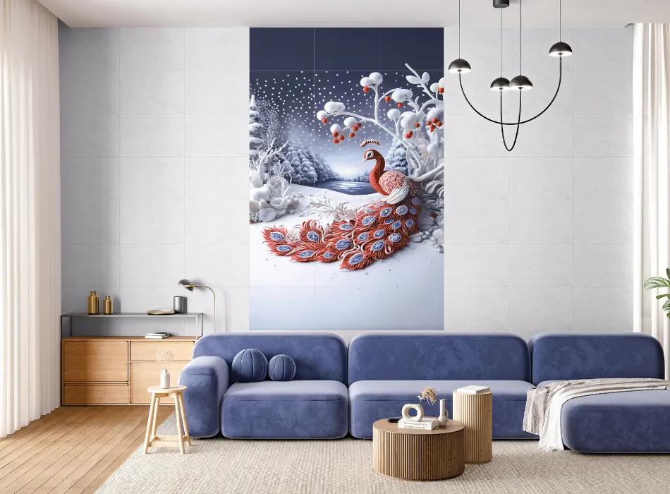Peacock mural feature wall showcasing bold Ceramic Tile Design Ideas in a modern Indian living room with soft beige tiles, blue sectional sofa, and warm wooden accents.