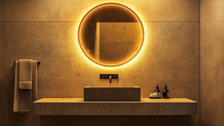 Contemporary bathroom featuring a sleek illuminated vanity setup with integrated LED mirrors for modern bathrooms, enhancing ambience, clarity, and luxury design appeal.