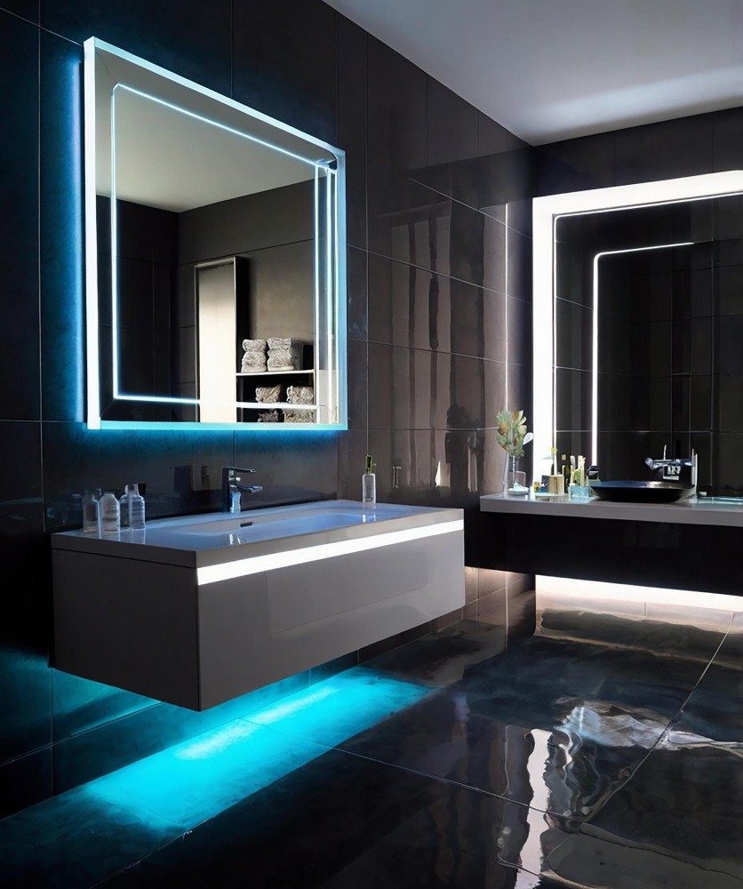 Floating white vanity with rectangular LED mirror featuring blue ambient lighting, showcasing LED mirrors for modern bathrooms in luxury contemporary interiors.