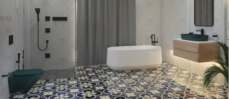 luxury bathroom fittings in Gurgaon with modern shower and glass enclosure