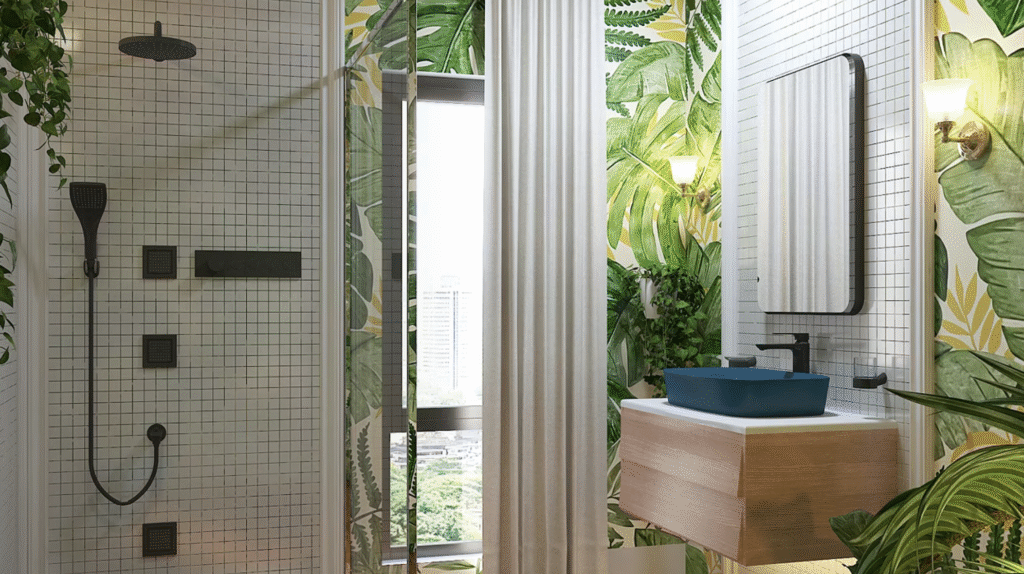 contemporary bathroom design with luxury bathroom fittings in Gurgaon and rain shower