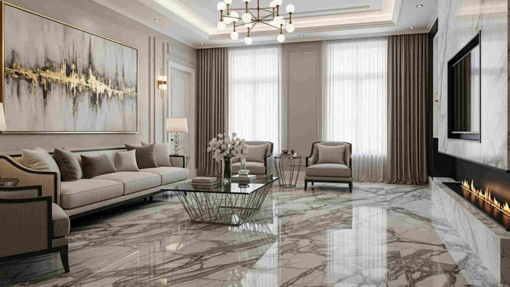 vitrified marble look floor tiles in luxury living room interior design