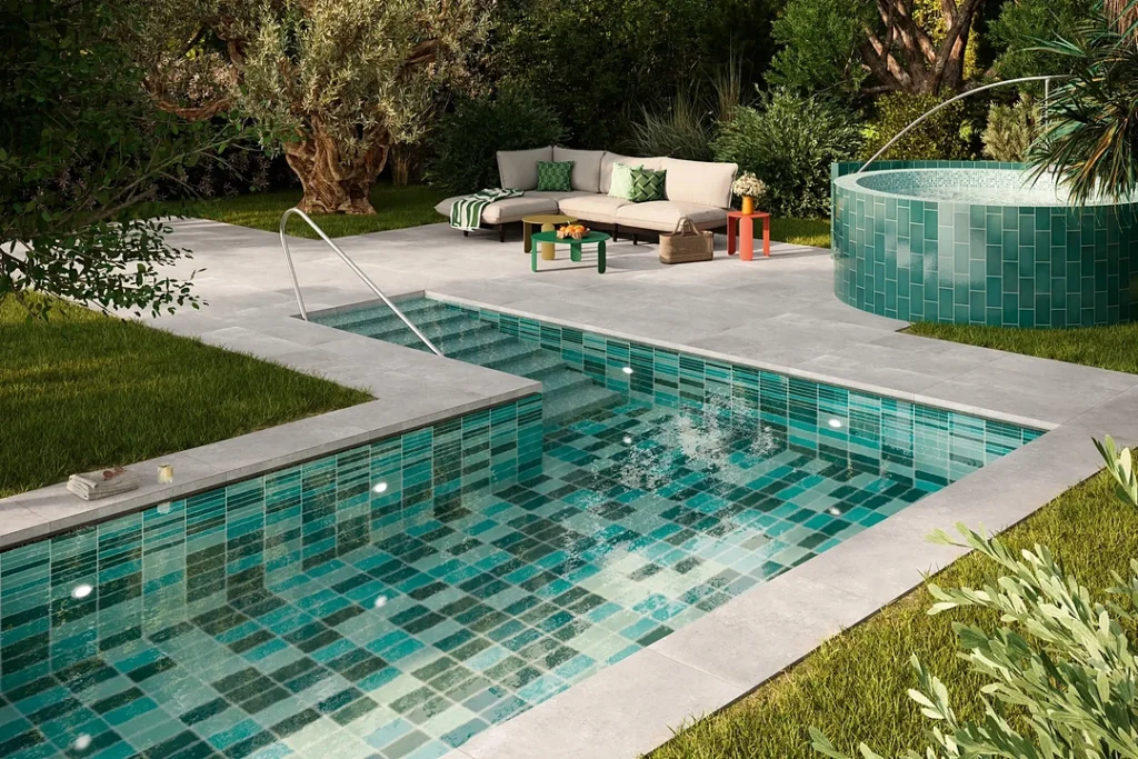 ceramic mosaic pool tiles used in luxury outdoor swimming pool design