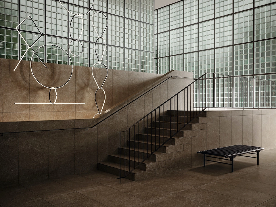 ceramic wall tiles used in luxury staircase interior with textured stone finish