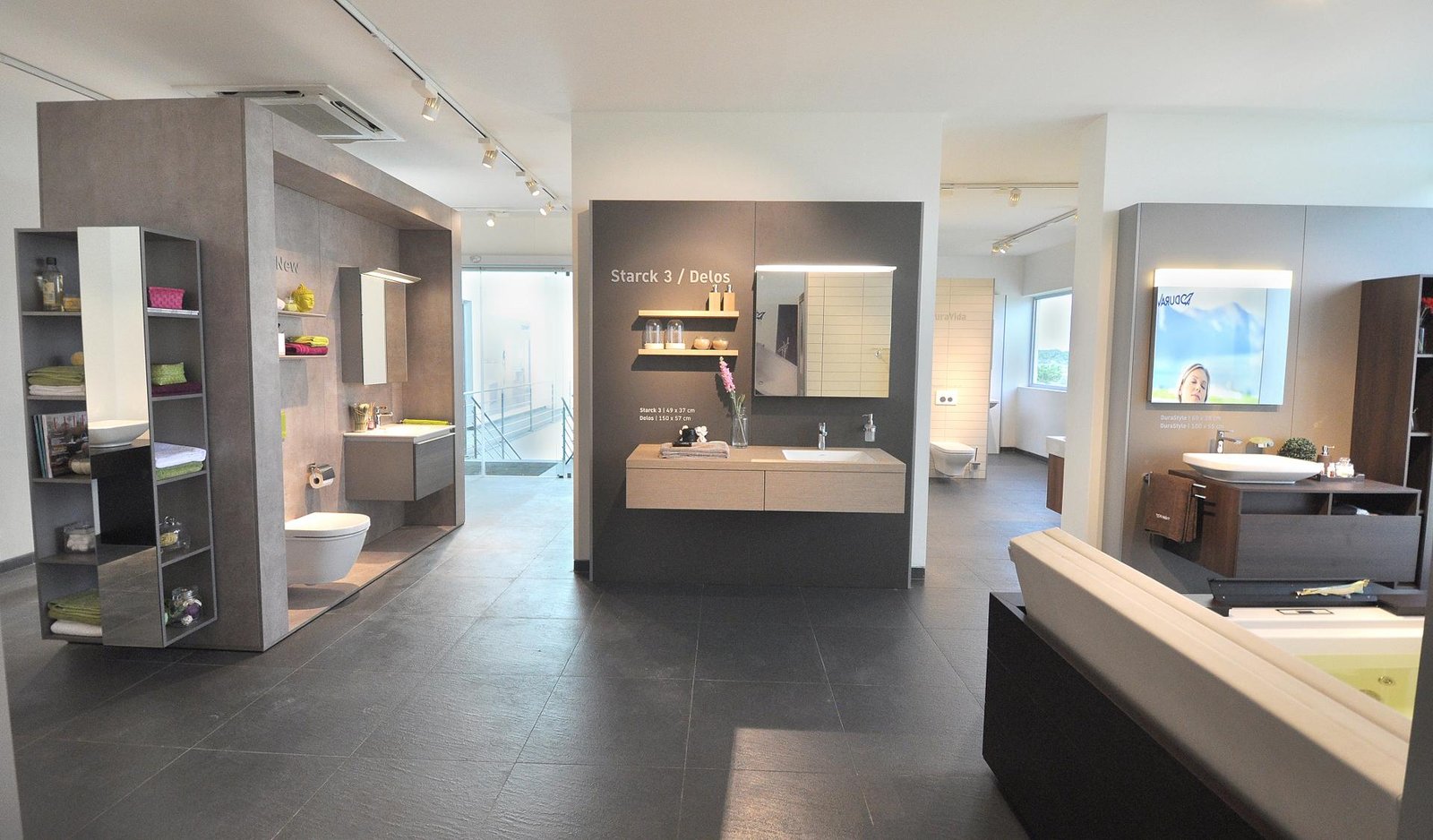 Duravit luxury bathroom showroom display with designer sanitaryware, wash basins, and modern fixtures