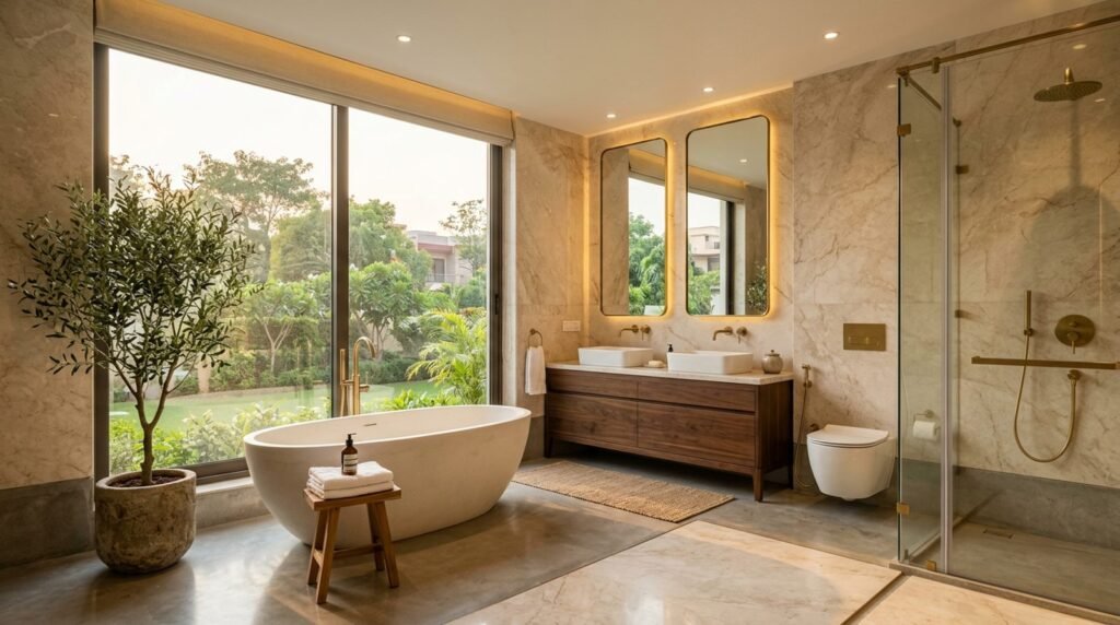 Luxury bathroom renovation in a Delhi NCR home featuring marble tiles, freestanding stone bathtub, brushed brass fittings and walnut vanity