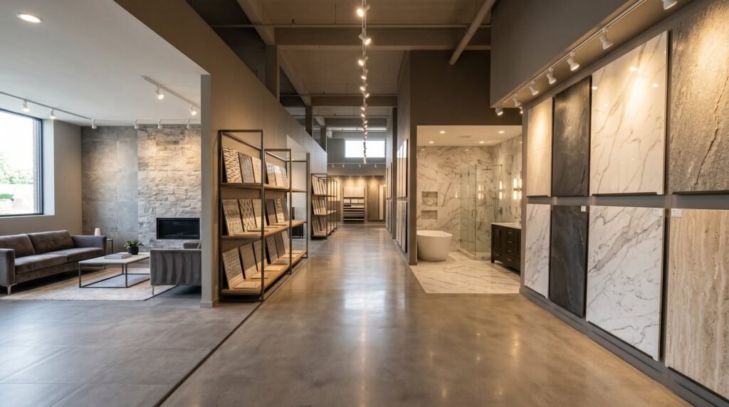 Luxury tiles showroom with curated large-format porcelain displays
