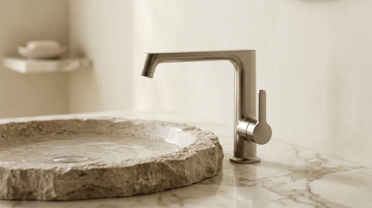 AXOR brushed nickel basin mixer over a stone basin — De Ceramica Hansgrohe Flagship Partner Gurugram