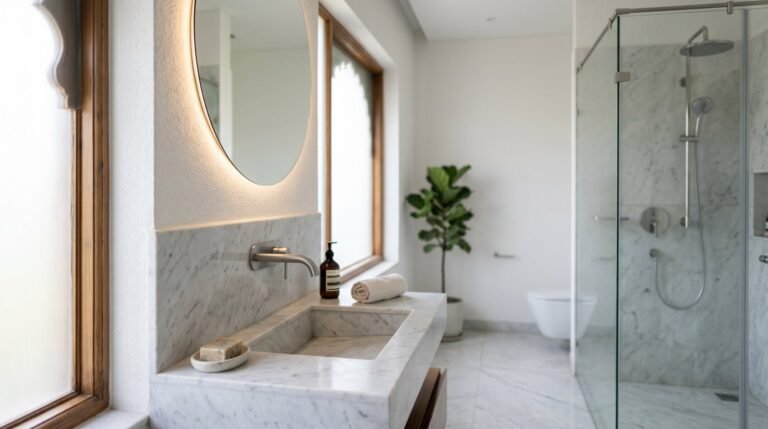 Luxury bathroom fittings with premium chrome faucet and marble vanity