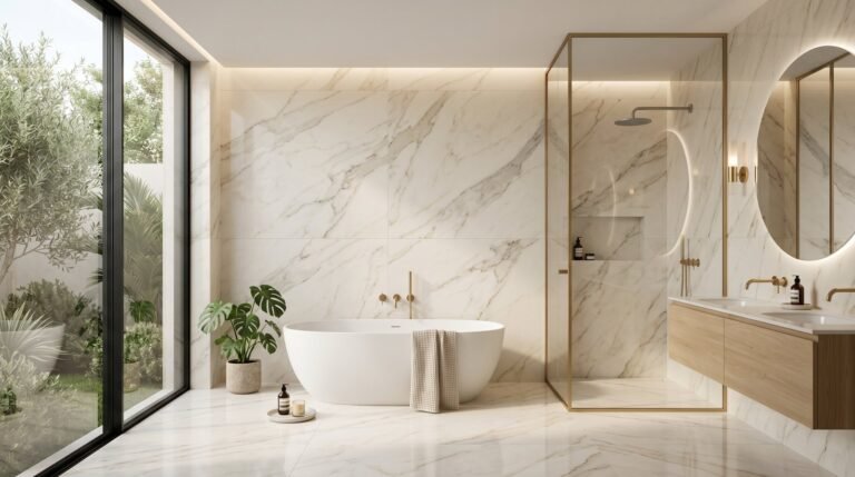 Luxury marble-effect porcelain wall tiles in modern Indian bathroom
