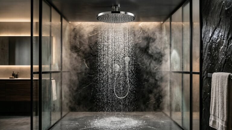 Luxury ceiling-mounted rain shower with Hansgrohe-style premium fixture