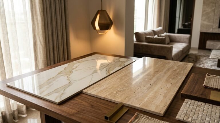 Italian porcelain tile samples in Calacatta marble and travertine finish on walnut wood table