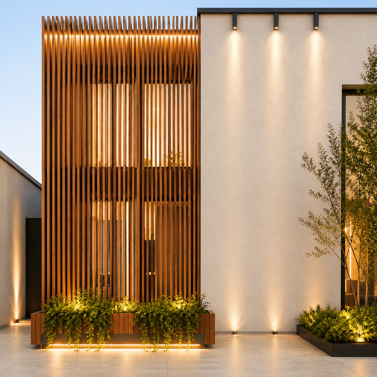 Premium engineered wood louvers exterior cladding – luxury wood flooring showroom Gurgaon