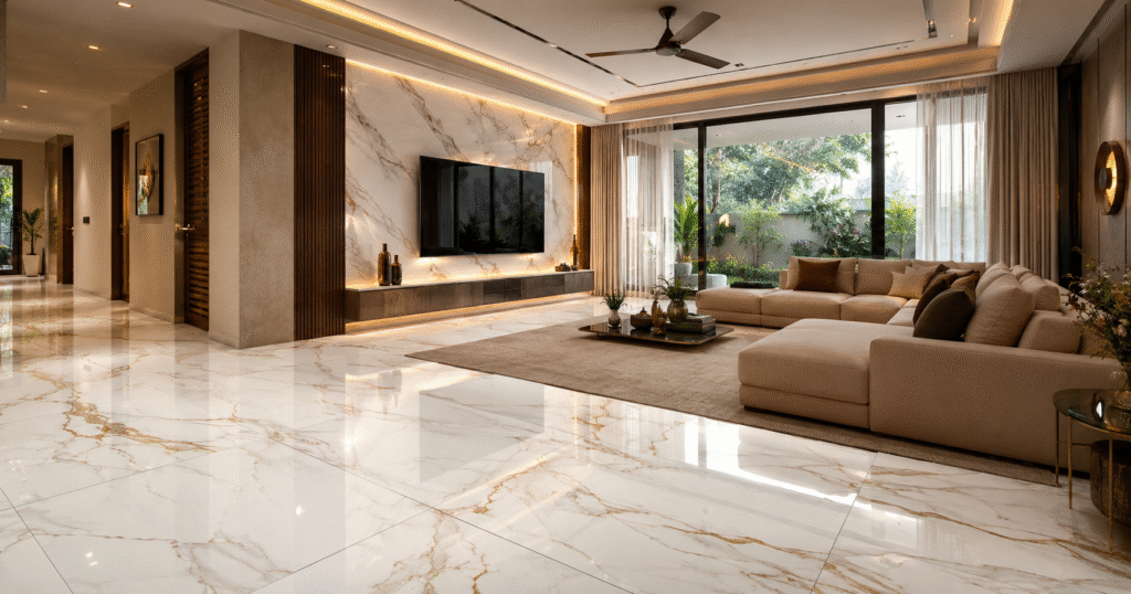 Marble look tiles in a luxury Indian living room with gold-veined porcelain floor