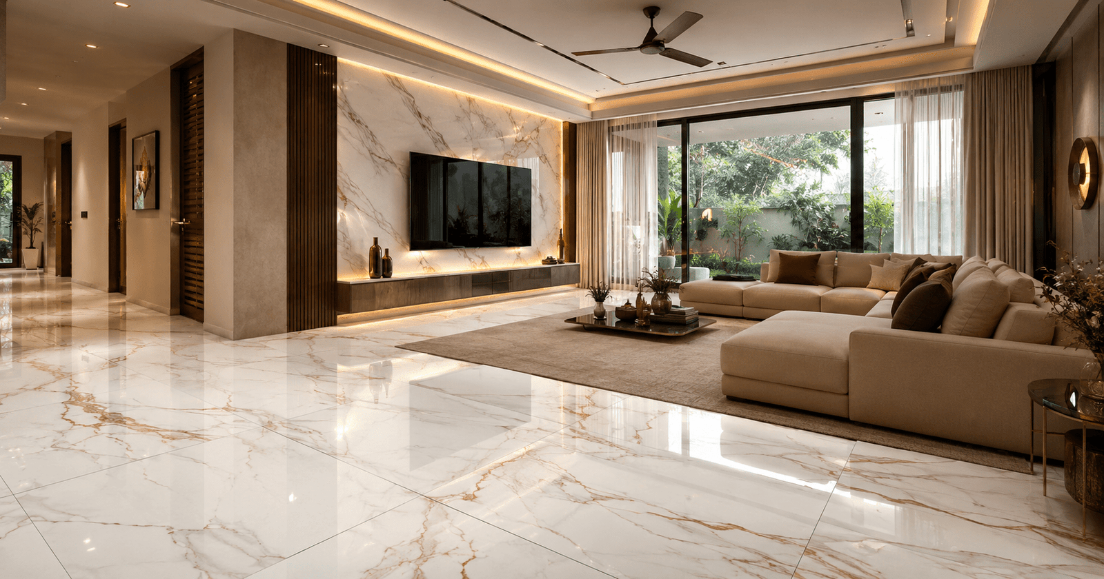 Marble look tiles in a luxury Indian living room with gold-veined porcelain floor