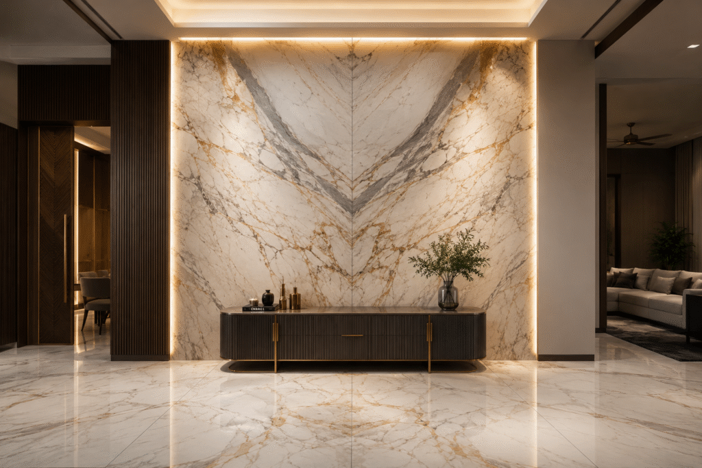 Book-matched large format marble look tile slabs on a luxury feature wall with mirrored veining
