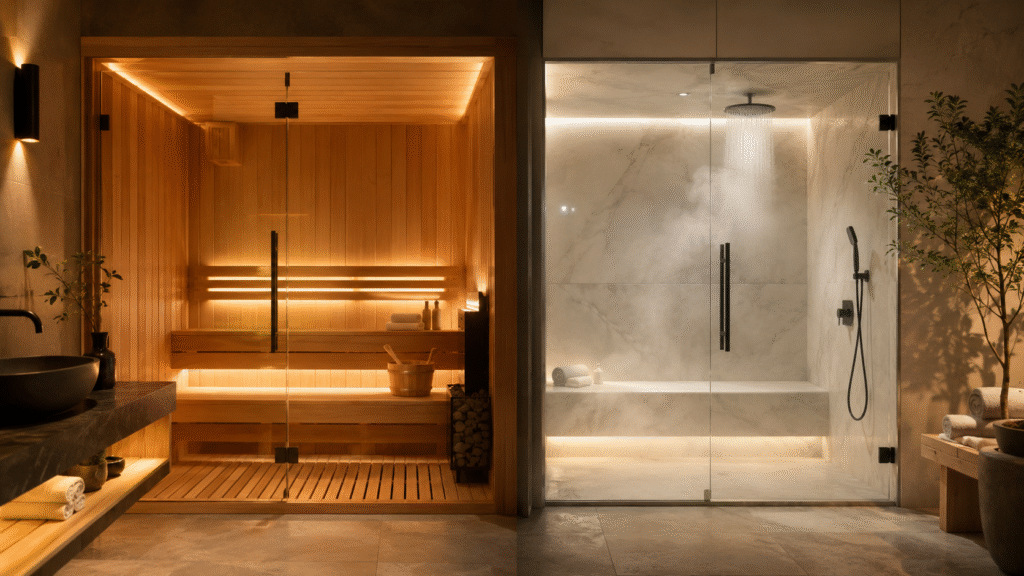 Luxury home sauna and steam room with marble-look porcelain tiles.