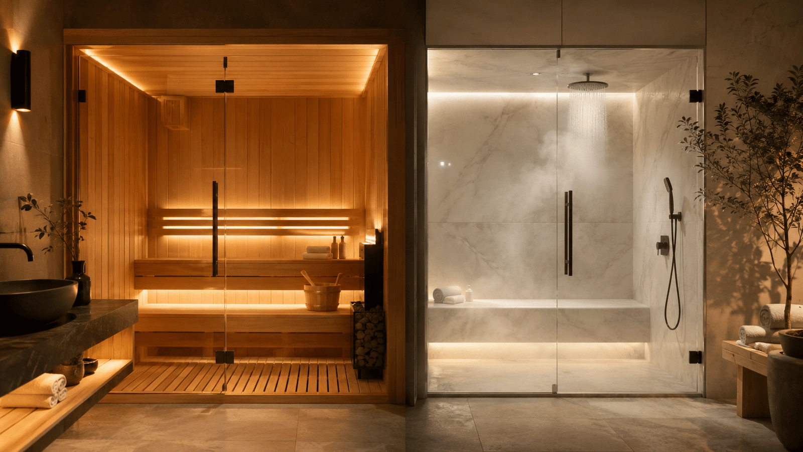 Luxury home sauna and steam room with marble-look porcelain tiles.