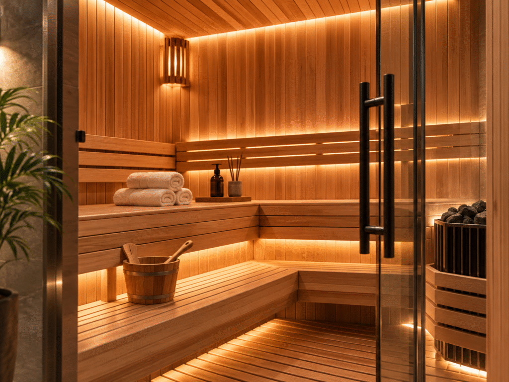 Luxury cedar wood home sauna with warm ambient lighting, glass door, wooden benches, folded towels, and modern heater in a premium spa-style interior.
