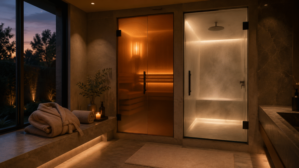 Luxury home spa with frosted glass sauna and steam room, stone bench, folded robe, warm ambient lighting, and serene wellness bathroom.