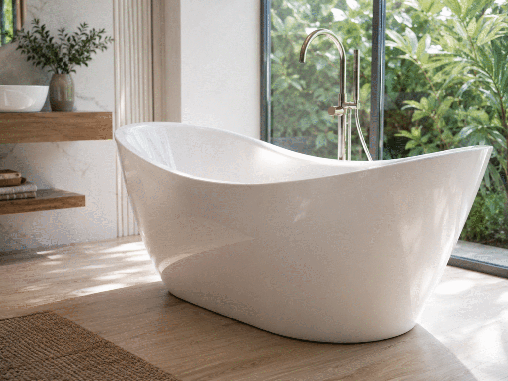 Close-up of a glossy white acrylic freestanding bathtub with a sculptural curved design in a bright modern bathroom, featuring large windows, light wood flooring, soft natural daylight, minimal décor, and a clean, airy aesthetic.