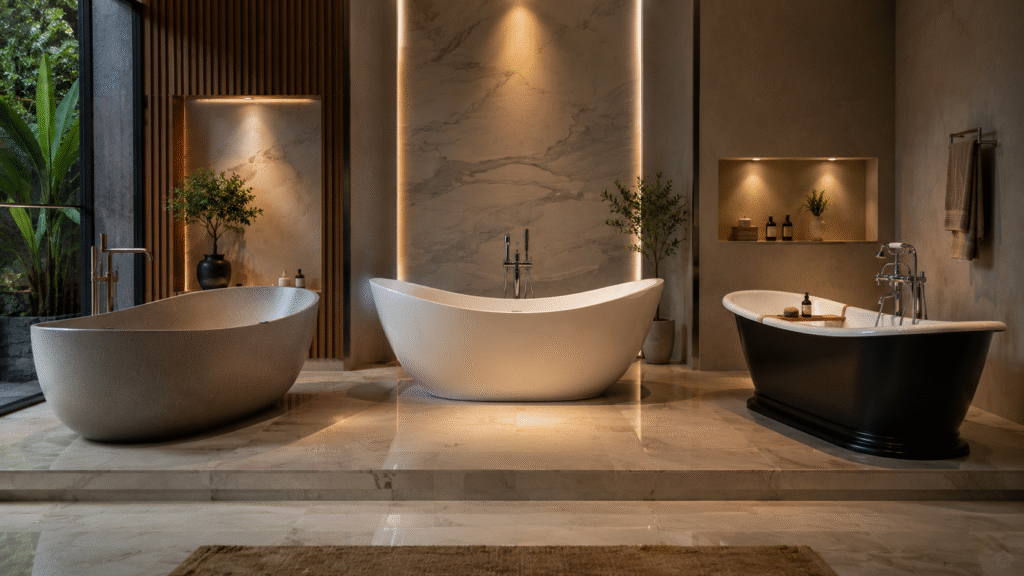 Luxury bathroom featuring three freestanding bathtubs—a matte grey stone-resin tub, a glossy white acrylic tub, and a black-and-white cast iron tub—displayed side by side under warm lighting on polished stone flooring with minimal décor and soft natural light.