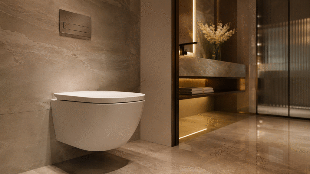 Minimalist luxury bathroom with a wall-hung toilet, concealed cistern, polished stone flooring, and warm ambient lighting.