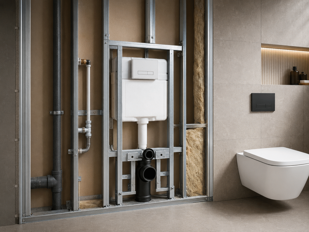 Cutaway view of a concealed cistern frame and cistern tank installed inside a stud wall
