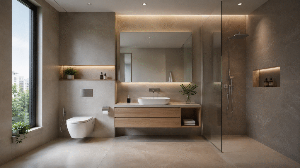 Bathroom wall under construction showing a steel concealed cistern frame and plumbing before tiling