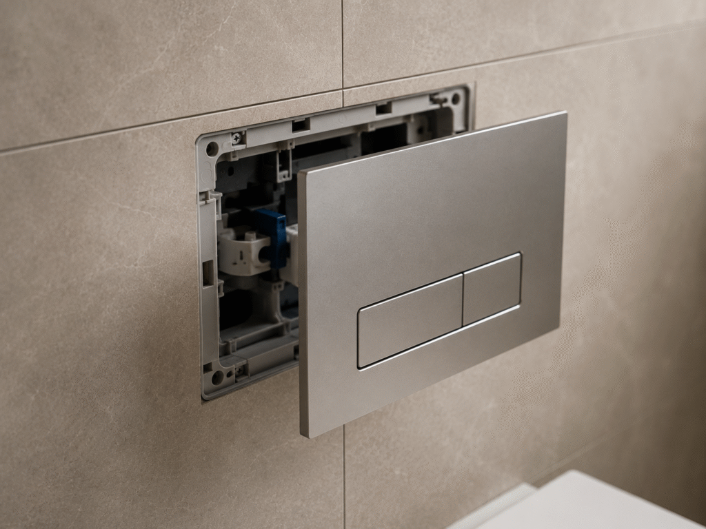 Bathroom wall under construction showing a steel concealed cistern frame and plumbing before tiling