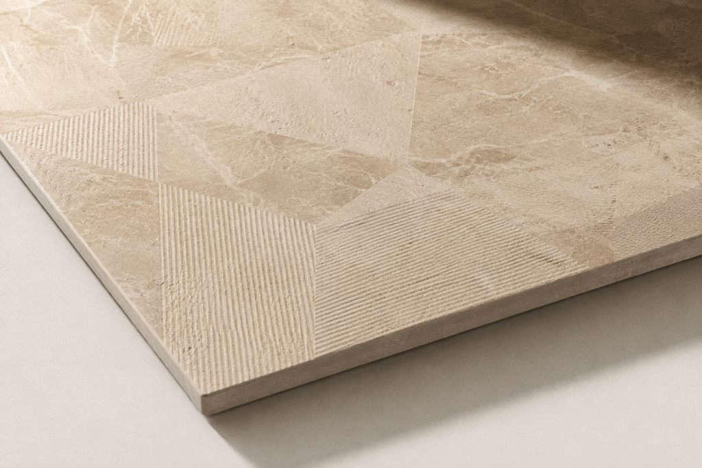 Luxury travertine-inspired Italian tile sample with subtle geometric texture and warm beige stone finish, photographed in soft studio lighting.