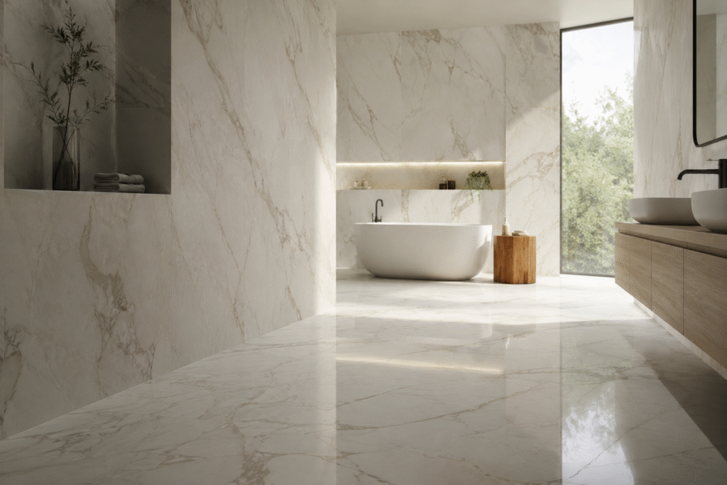 Minimalist luxury bathroom with seamless marble-look porcelain tiles on floors and walls, freestanding bathtub, natural light, and spa-inspired interior design